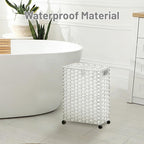 Hiagnete Toilet Paper Storage Basket with Lid and Wheels, Rattan Toilet Paper Holder Storage, Toilet Paper Organizer for Bathroom, Bedroom, Kitchen, 12.6”L x 7.1”W x 17.14”H, White