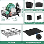 MOUKABAL Dish Drying Rack, Dish Rack, Stainless Steel Dish Racks for Kitchen Counter, Dish Drainer with Removable Utensil Holder, Drainboard (Grey,13''W x 17''L)