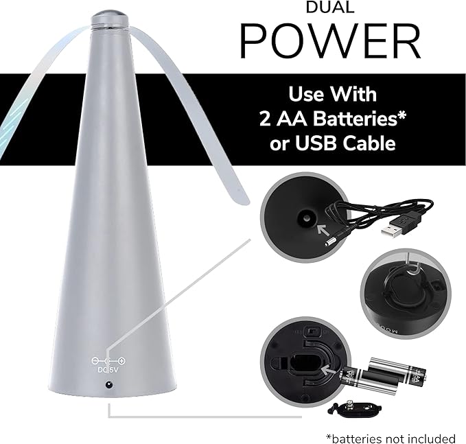 Fly Fans for Tables by Modern Lyfe - AA Battery & USB Powered - Fly Swatter Outdoor Camping Accessory Or for Food at Parties, Restaurants & Picnics, Bug Fan, Spinner Keeps Flies Away (2 Pack - Grey)
