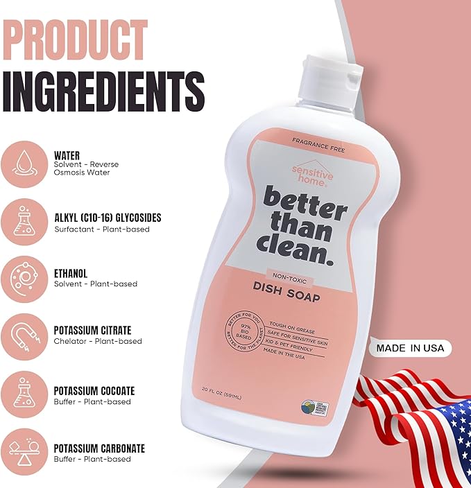 Fragrance Free 2-Pack Dish Soap – 97% Plant-Based, Hypoallergenic, Non-Toxic, Cuts Grease & Food Residue – Dishwashing Liquid with No Fragrance, Dyes or Harsh Chemicals – EWG A Rated