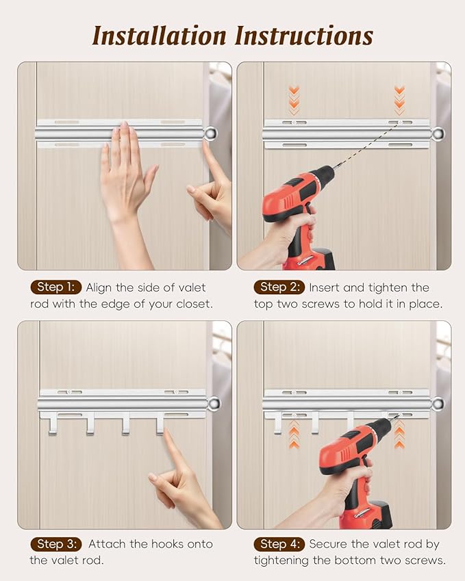 Supforce Valet Rod for Closets, 12" Valet Rod With 4 Hooks, Closet Organizer Slide Out Clothing Hanger Rods Extender Perfect for Suits,Dresses,Belt,Tie, Black