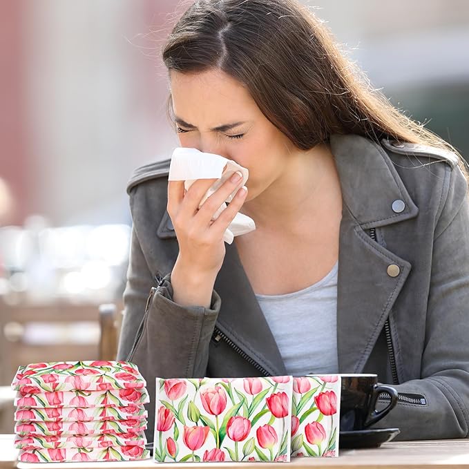 PerKoop 100 Pack Pocket Tissues Travel Slim Packs Small Facial Tissues Wallet Size Toilet Paper for Travel Guest Wedding Supplies, 4 Styles (Tulip)