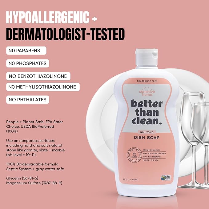 Fragrance Free 2-Pack Dish Soap – 97% Plant-Based, Hypoallergenic, Non-Toxic, Cuts Grease & Food Residue – Dishwashing Liquid with No Fragrance, Dyes or Harsh Chemicals – EWG A Rated