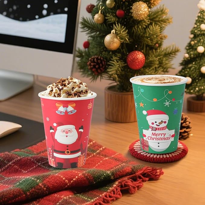 Lamosi 100 Pack Christmas Paper Cups 12 oz, Disposable Coffee Cups Hot/Cold Beverage for Holiday, Party, Cafe, Restaurant, Office and Home