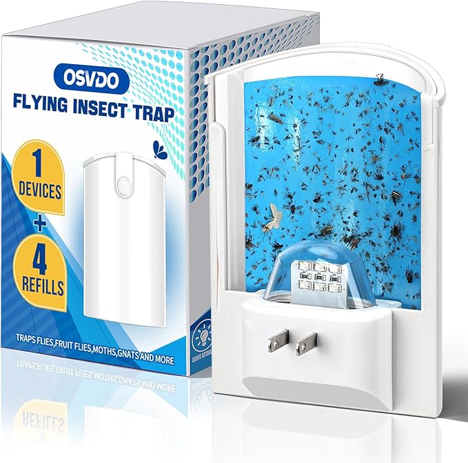 Flying Insect Trap with 4 Refills - Plug-in Bug Catcher for Gnats, Fruit Flies, Moths | Blue & UV Light | Mess-Free Adhesive Disposal Bug Zapper for Home, Office