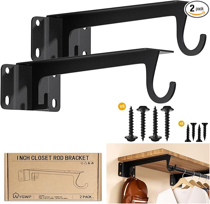 Closet Rod Support Bracket WYGWP Heavy Duty Closet Shelf Brackets Supports 200lbs,Sturdy Closet Shelves Wall Mounted for DIY Home and Closet Decor Black 2pack