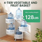 JAQ Rotating Storage Carts No Assembly, 4-Tier Round Storage Basket Rack Shelf Organizer on Rolling Wheels for Fruit Vegetables Grocery Corns Potato Onion Snack in Kitchen Pantry (4-Tier, White)
