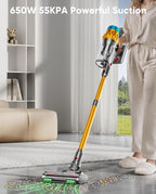 Cordless Vacuum Cleaner, 650W/55KPA, 70 Mins Runtime Self-Standing Stick Vacuum, Vacuum Cleaners for Home with Anti-Tangle Brush, Smart Display, 1.8L Cup Vacuum for Pet Hair/Carpet/Floor (Gold)