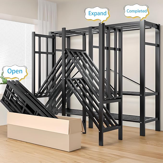Heavy Duty Covered Clothes Rack with Magnetic Door Foldable Portable Wardrobe Closet for Hanging Clothing Rolling Black Metal Garment Rack on Wheels Closet System (Black, 74.7in)