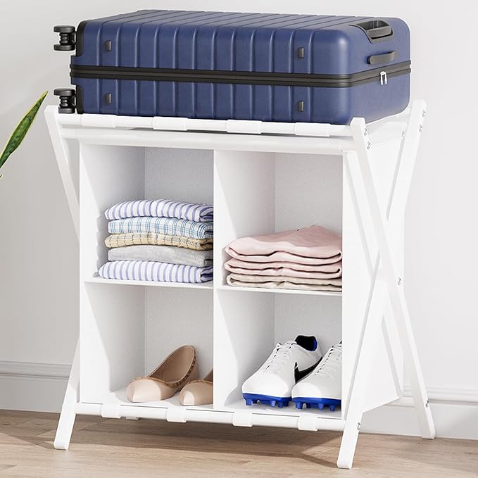 aboxoo Luggage Rack with storage, Guest Room Folding Suitcase Stands, Holds up to 120 lb, Space Saving Suitcase Holders for guest room, Bedroom Hotel, White