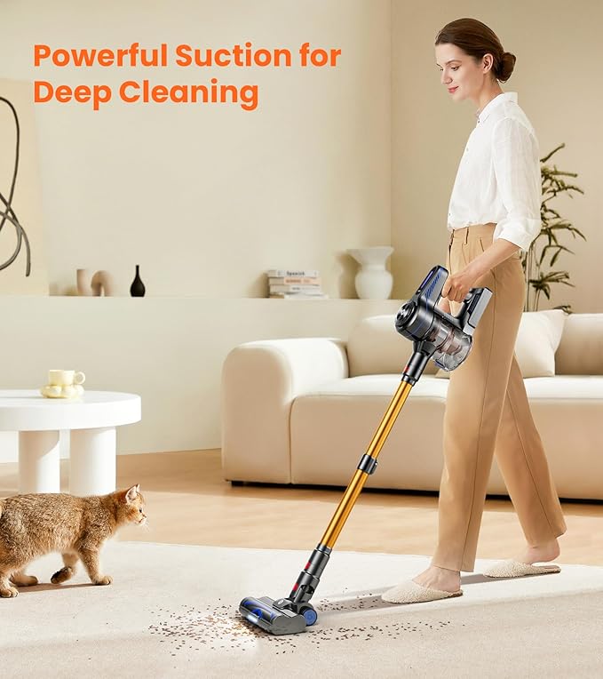 NADALY Cordless Vacuum Cleaner, 500W 40KPA Stick Vacuum with 45min Runtime, Anti-Tangle Self-Standing Vacuum Cleaners for Home, Lightweight Vacuum for Hardwood Floor/Carpet/Pet Hair, Bronzed Gold