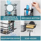 TAILI Shower Caddy Suction Cup, 3 Pack Shelves for Inside with Hooks & Soap Holder Toothbrush Cups, Removable Bathroom Organizer, Rustproof Black Shelves