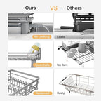 SNTD Dish Drying Rack - Extendable Dish Rack, Large Sink Drying Dish Drainer for Kitchen Counter, Stainless Steel Dish Strainer with Utensil Holder (Grey)