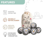 Calindiana 100% Organic Premium New Zealand Wool Dryer Balls Laundry Reusable Fabric Softener, Cute Dryer Sheets Alternative, Anti Static XL Size 6 Pack, Grey Owl