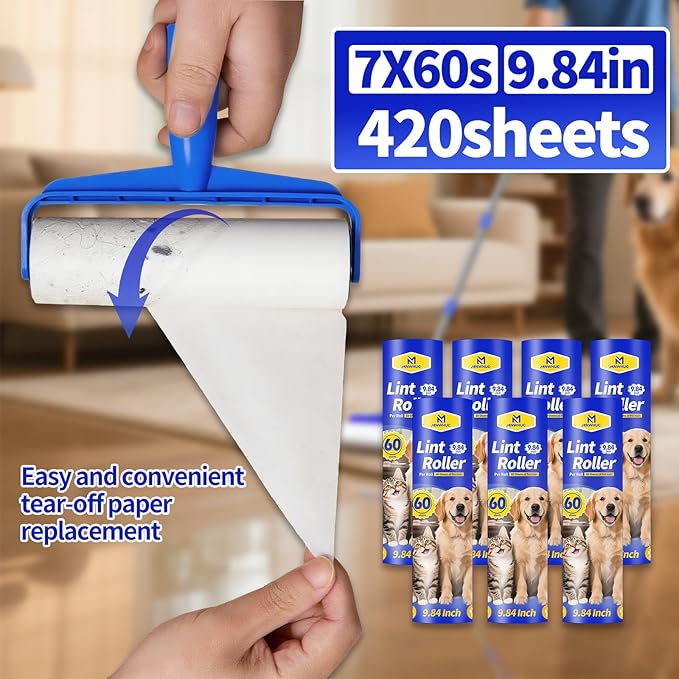 9.84" Large Extra Sticky Lint Roller, 58.3" Long Handle Lint Remover with 7 Rollers for Clothes, Cat Dog Pet Hair, Furniture, Couch, Carpet, Floor，Painted Wall Cleaner Mop Dust Cleaning