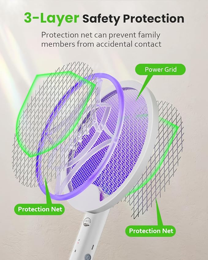 Electric Fly Swatter Racket, Foldable 2 in 1 Bug Zapper with Purple Trap Lamp, 4000V & 1500mAh Powerful Mosquito Trap Killer with Type-C Rechargeable for Indoor Home Office Patio Camp(1 Pack)