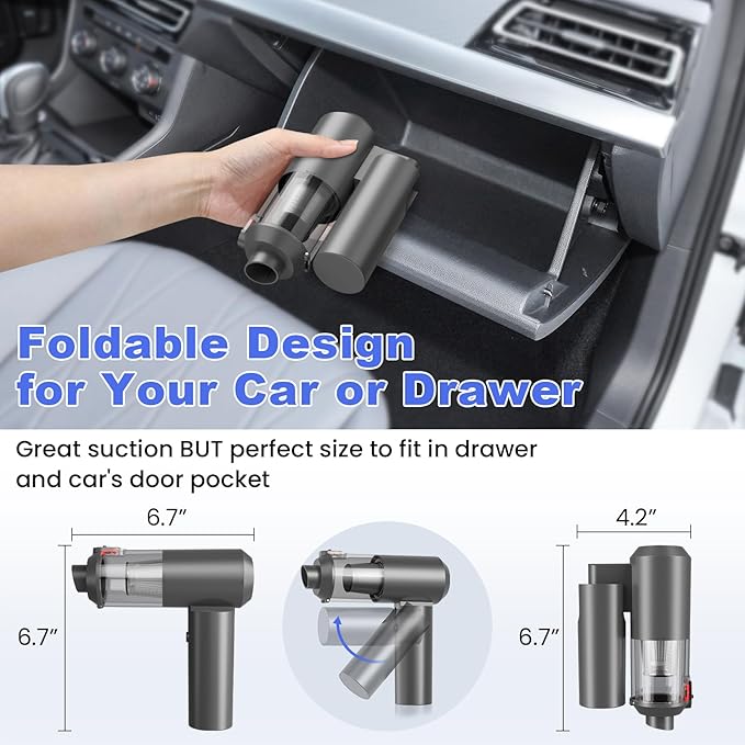 Car Vacuum Portable Cordless with 16000PA Ultra Suction 4-in-1 Foldable Air Duster & Brushless Motor Rechargeable Handheld Vacuum for Pet Hair, Car Seats, Home & Office Cleaning