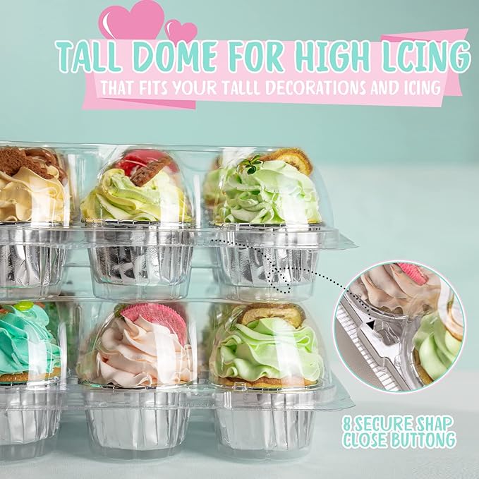 (12 Pack x 25 Sets) Stackable Cupcake Carrier with 300 Pack Cupcake Liners, Plastic Cupcake Boxes Holders for 12 Cupcakes, Cupcake Containers, Clear Disposable Cupcake Trays