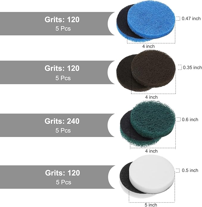 uxcell 16 Pcs 4 Inch Nylon Hoop Scrubbing Pad 120/240 Grits Scrubber Scouring Pads Hoop and Loop Surface Conditioning Drill Scuffing Disc, Green/Brown/Blue/White