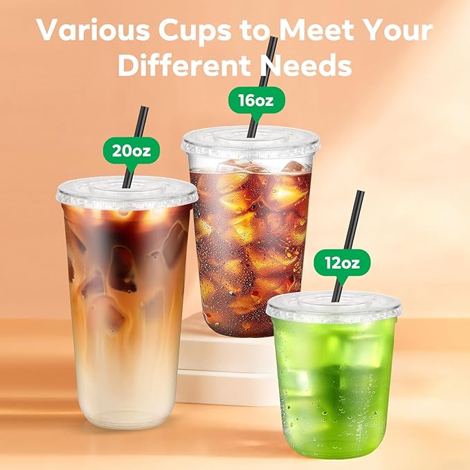 100 Pack 16 oz Clear Plastic Cups with Flat Lids and Straws, Disposable Iced Coffee To Go Cups, Plastic Smoothie Cold Drink Cup for Party, Picnic, Travel