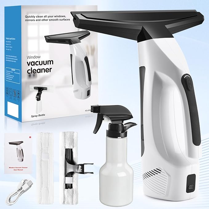Window Vacuum Squeegee Cordless, Handheld Window Vac with Multi-Purpose Spray Bottle & Microfiber Cloth, Electric Cleaning Tool for Windows, Mirror, Countertop