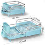 SAYZH Dish Drying Rack - Expandable Dish Rack for Kitchen Counter, Rust-Resistant Dish Drainer with Utensil Holder and Raised Guardrail, Kitchen Organizer for Cup and Bottle (Blue)