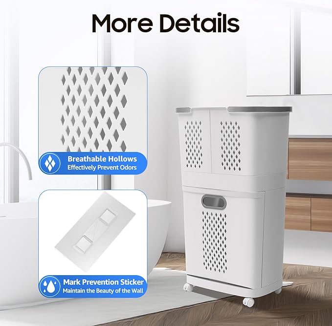 Household Storage Basket, 360° Rolling Movable Laundry Basket,Floor-Standing White Multi-layer Clothes Organizer for Kitchen,living Room and Bathroom (2 Tiers)