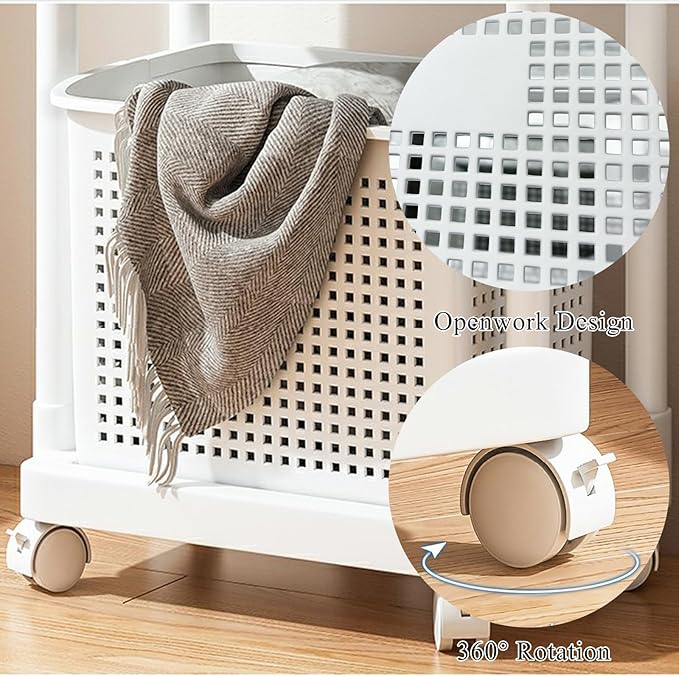 Layered Storage Laundry Basket, Hollow Rectangular Clothes Storage Rack with Wheels,Freestanding Clothes Hamper for Kitchen Bathroom Bedroom Laundry Room(47x101cm(18.5x39.7in), White)
