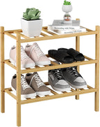 ROMGUAR CRAFT 3-Tier Bamboo Small Shoe Rack, Free Standing Wood Shoe Shelf Storage Organizer for Closet Entryway Stackable (Natural)