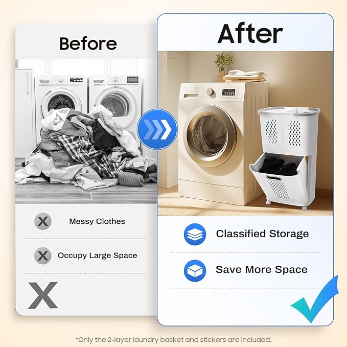 Household Storage Basket, 360° Rolling Movable Laundry Basket,Floor-Standing White Multi-layer Clothes Organizer for Kitchen,living Room and Bathroom (2 Tiers)