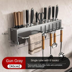 New Multi-Functional Kitchen Rack Home Wall-Mounted Knives Chopstick and Spoon Storage Rack Punch-Free cookware draining Rack, 40, Gray