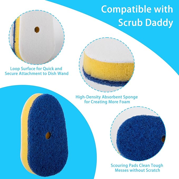 8 Packs Dish Wand Replacement Sponge Scouring Pad Heads Refills Compatible with Scrub Daddy, Scrub Sponge for Detachable Dish Scrubber Brush with Cut Out for Soap Dispensing, for Kitchen Cleaning