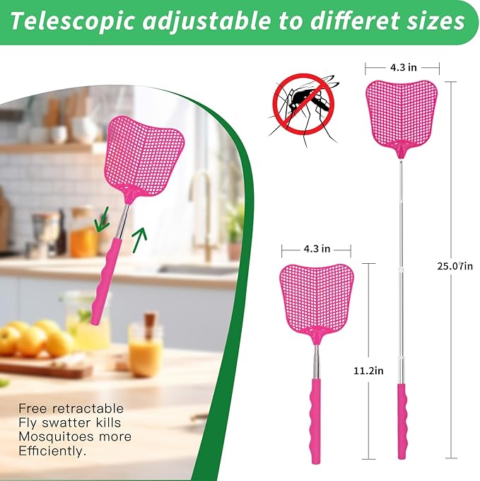 MYSTICHOME Fly Swatter 1 PCS, Durable Heavy Duty Plastic Fly Swatters, Stainless Steel Telescopic FlySwatter for Indoors/Outdoor/Kitchen/Garden (Roes Red)