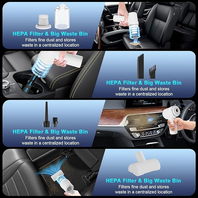 Handheld Vacuum Cordless 13000pa, Car Vacuum Portable Cordless, Type-C Rechargeable Lightweight Mini Handheld Vacuum Cleaner, High Power Car Vacuum Cleaner with LED Light for Car Home Pet (White)