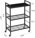 3-Tier Metal Storage Rack with Industrial Wheels,Mesh Shelving Unit with Wooden Table top,Adjustable Shelf,23.6-Inch Width,for Kitchen,Laundry,Pantry,Plant,Black panel and black frame