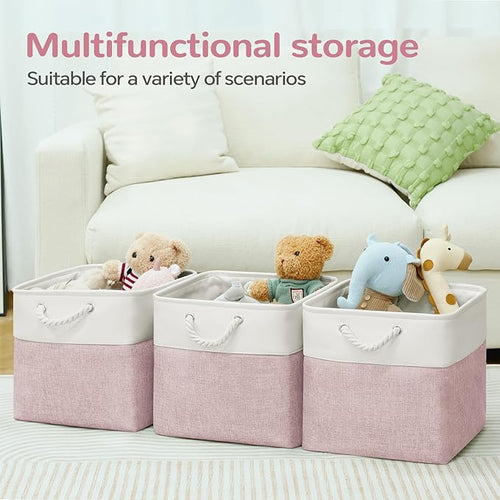13 x 13 Inch Cube Storage Bins, 6 Pack Fabric Storage Basket with Handles, Foldable Boxes Organizer for Shelf Baskets for Home, Clothes (White/Pink)