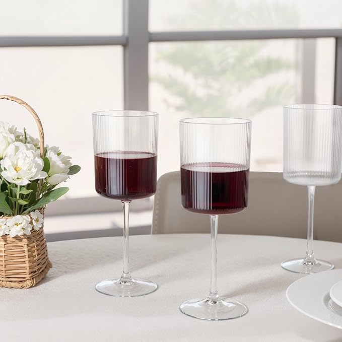 Ciaell 12 PCS Plastic Ribbed Wine Glasses - 10 OZ Plastic Square Wine Glasses with Stem - Disposable Champagne Cups for Parties & Weddings & Party