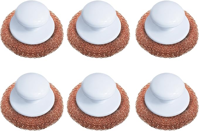LOLA Copper Mesh Scouring Pad w/Comfort Knob, 6 Pack, Heavy Duty Cleaning Pads, Knitted Wire Mesh, Cleans Caked-On & Baked-On Messes
