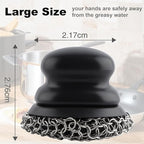 Upgraded Cast Iron Cleaner Brush with Heavy Duty Handle, Chain Mail Cast Iron Skillet Pan Scrubber for Griddle Cleaning Brush with Pan Grill Scrapers