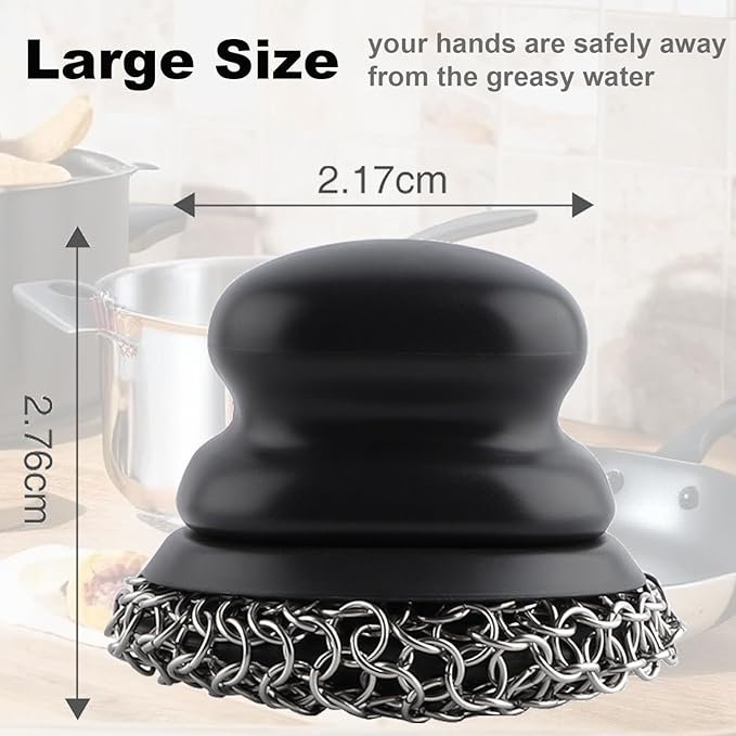 Upgraded Cast Iron Cleaner Brush with Heavy Duty Handle, Chain Mail Cast Iron Skillet Pan Scrubber for Griddle Cleaning Brush with Pan Grill Scrapers