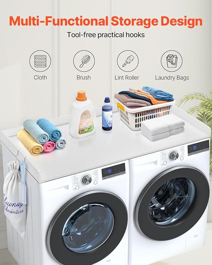 VEVOR Washer Dryer Countertop, 54" x 27" Wooden Washer and Dryer Countertop, Water-Resistant Laundry Machine Topper Cover with Anti-Slip Pads, for Laundry Room Organization and Storage, White