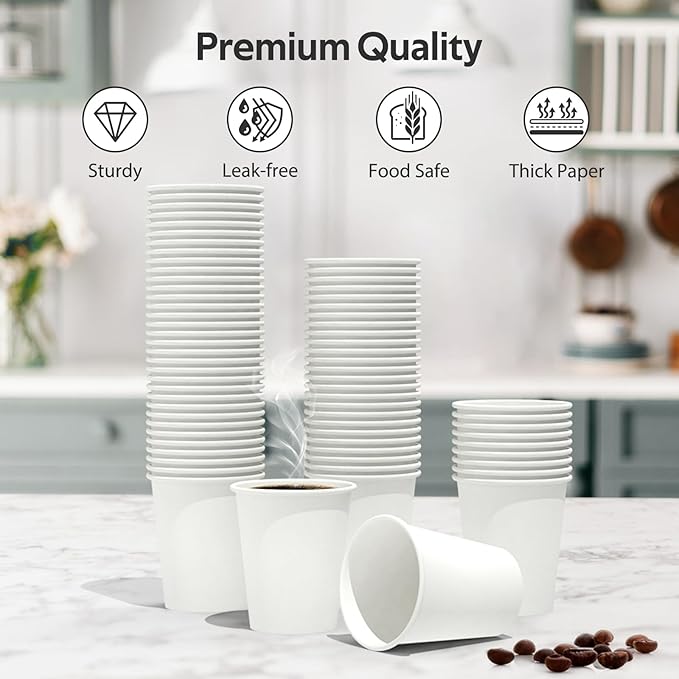 100 Count 8 oz Coffee Cups, Leak-Free Food Safe Paper Cups 8 oz, Disposable 8oz White Paper Cups for Cold and Hot Drinks
