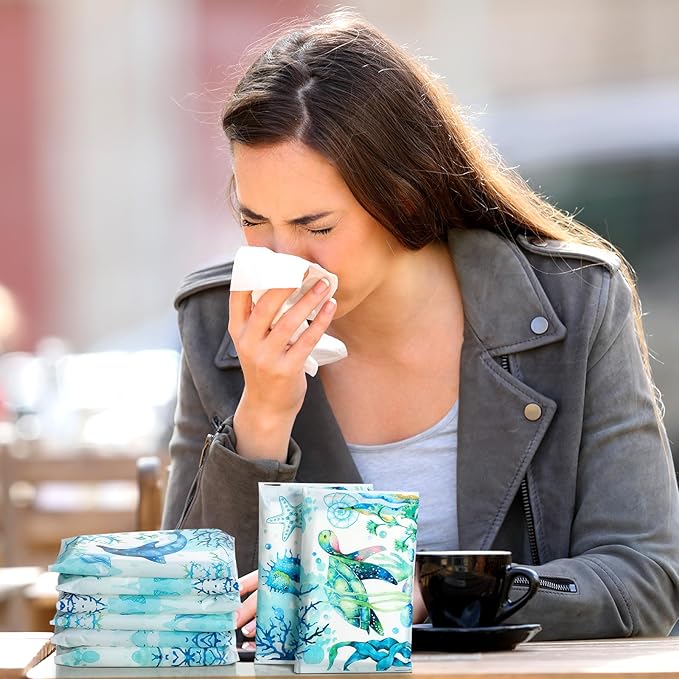 PerKoop 100 Pack Pocket Tissues Travel Slim Packs Small Facial Tissues Wallet Size Toilet Paper for Travel Guest Wedding Supplies, 4 Styles (Sea Animal)