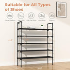 LANTEFUL 5 Tier Shoe Rack for Closet Shoe Organizer with 5 Hooks, Long Shoe Shelf Storage for Shoe and Boot Stackable Free Standing Shoe Rack for Entryway, Garage, Small Spaces, Dorm, Black