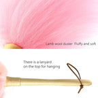 Lambswool Duster 16'' Length Solid Wooden Handle Leather Hang Strap for Cleaning Ceiling Fans Window Blinds Computer Furniture Figurines TV Natural Feather Duster,Pink