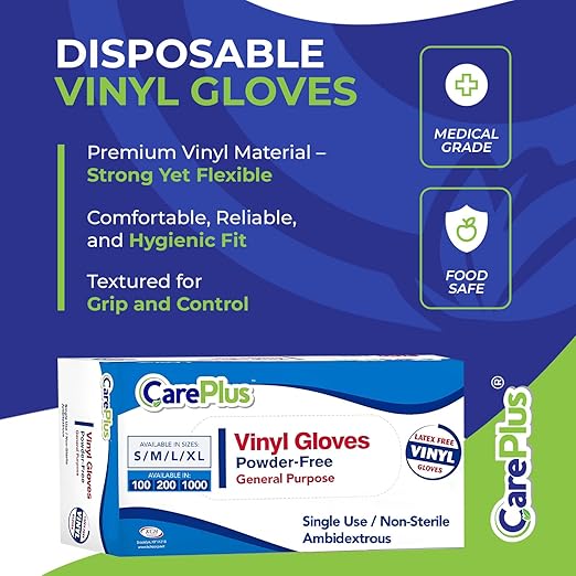 CARE PLUS Latex-Free Vinyl Gloves Clear Extra Large Size 100 Count | Heavy Duty, Non-Sterile, Powder-Free, Rubber | Food Prep, Kitchen & Cleaning Gloves, Ideal for Professional Use