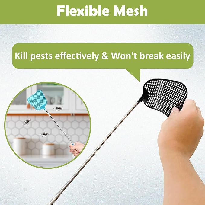 Fly Swatter Heavy Duty Set, with Durable Telescopic Stainless Steel Extendable Handles, for Home, Classroom, Indoor Outdoor Office, 2Pcs, Blue