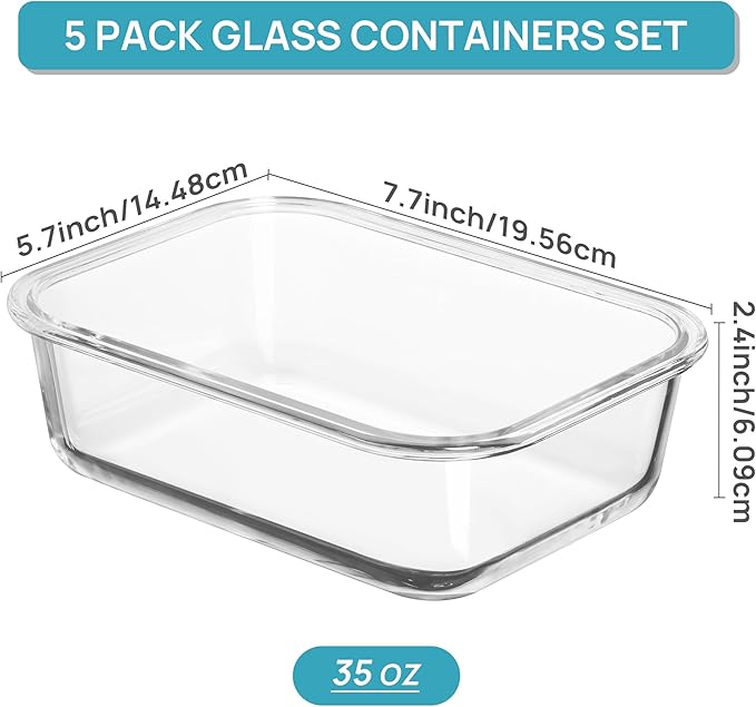 Vtopmart 5 Pack 35oz Glass Food Storage Containers with Lids, Meal Prep Containers, Airtight Reusable Lunch Container Set, Safe for Oven, Microwave, Freezer, and Dishwasher, Pink