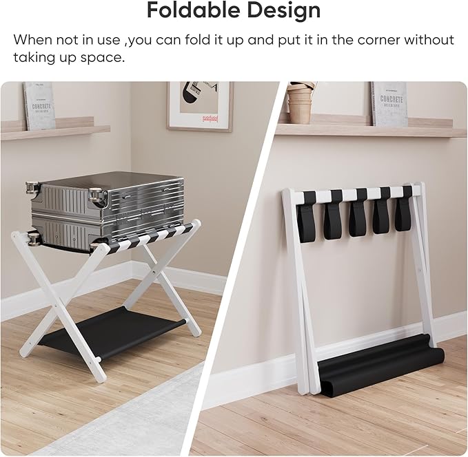 Smuxee White Bamboo Luggage Rack Pack of 2, Foldable Suitcase Stand with Storage Shelf, Easily Assembled Luggage Stand with 5 Nylon Straps for Guest Room Bedroom Hotel