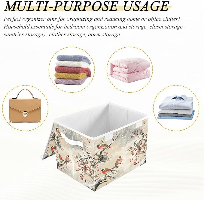 Large Storage Bins with Linen Collapsible Foldable Storage Cubes Fabric Closet Organizer Containers box with Flip-Top Lid for Home Bedroom Office 16.7 x 12.6 x 11.8in (Pattern Color Bird Tree Fruit)